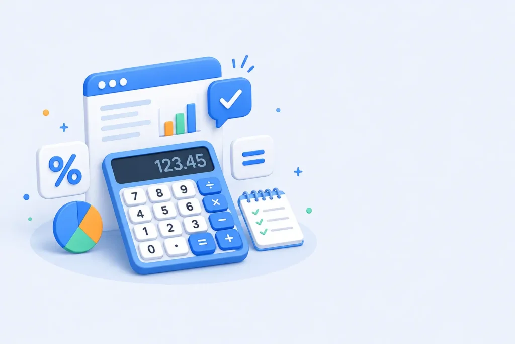 Illustration of an online calculator with percentage, chart, conversion, and instant result icons